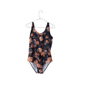 Womens Floral One-Piece Swimsuit XL Black & Orange Crisscross Back With Padded C